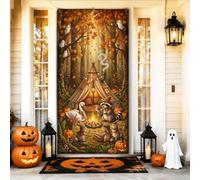 Fanciful Woodland Campfire Fall Scene Halloween Door Covers 91 x 183 cm | Illustrazione fantasiosa della foresta, segno della porta d'ingresso, accogliente impostazione tepee