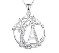 FANCIME Collana da donna con ciondolo a forma di albero della vita, in argento Sterling 925, A-Z, con alfabeto, per donne, ragazze, lunghezza: 40 + 5 cm, 17.72 inches, Argento sterling, Zirconia