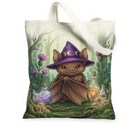 Fancy Bat Witch - Borsa tote in tela, 33 x 38 cm | Fantasioso tema foresta, cappello da strega viola, illustrazione botanica, estetica rustica, motivo bosco incantato