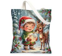 Fancy Christmas - Borsa larga in tela, motivo: fatine e renne, 33 x 38 cm | Fantasiosa scena della foresta, ornamento luminoso, compagno di renna, accenti di bacche di agrifoglio