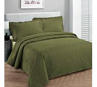Fancy Collection, copriletto di lusso in rilievo, 3 pezzi, tinta unita, verde oliva, per letto king size e king size, 300 x 270 cm