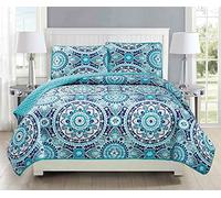 Fancy Collection, set di 3 copriletto trapuntato per letto king size e California king, motivo floreale, turchese, blu, grigio, verde acqua