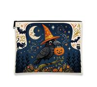 Fancy Crow Witch Halloween Art Makeup Bag 17,8 x 22,9 cm | Design fantasioso cappello da strega, custodia con cerniera per trucco, tema notte celeste, illustrazione jack-o'-lanterna