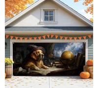 Fancy Dog Garage Door Cover, Golden Retriever Wizard Design, Grandi decorazioni per porte del garage, decorazione per feste di Halloween all'aperto autunnale, 390 x 180 cm