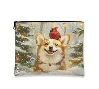 Fancy Dog Makeup Bag Festive Corgi and Cardinal Trousse da viaggio per donne, organizer portatile in tela con cerniera, borsa da toilette invernale per le vacanze, 17,8 x 22,9 cm