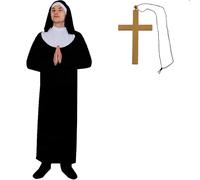 FANCY DRESS COSTUME-COSTUME DA SUORA DA UOMO A FORMA DI CERVO, COLORE: NERO NOTTE COMPLETO MAGLIA CON CAPPUCCIO, COLLO NERO VESTITO, CINTURA, MOTIVO A CROCE, COLORE ORO
