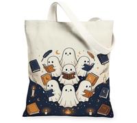 Fancy Ghost Reading Illustration Ghosts Canvas Tote Bag 33 x 38 cm | Fantasiosa illustrazione fantasma, tema letterario accogliente, accessorio stagionale spettrale, costruzione in poliestere