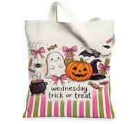 Fancy Halloween Ghost Pumpkins Quote Canvas Tote Bag 33 x 38 cm | Illustrazione fantasiosa, fiocchi di pesca e motivi di caramelle, tessuto resistente, fascino festivo stagionale