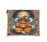 Fancy Halloween Pumpkins Ghost Jack-o'-lantern Makeup Bag 17,8 x 22,9 cm | Torre di zucche impilate, borsa cosmetica, fantasmi luminosi, cappello da strega, sfondo luna piena, foglie autunnali
