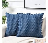 Fancy Homi Set di 2 federe decorative per cuscini, 50 x 50 cm, con pompon, per divano, letto, divano, rustico, stile bohémien, decorazione per la casa, morbida federa in velluto a coste 50 x 50 cm