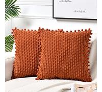 Fancy Homi Set di 2 federe decorative per cuscini color ruggine, 50 x 50 cm, con pompon, per divano, letto, divano, stile moderno, decorazione per la casa, in morbido velluto a coste color terracotta,