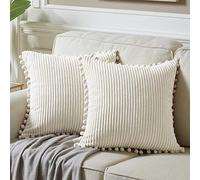 Fancy Homi - Set di 2 federe decorative per cuscini con pom-pom, in morbido velluto a coste, tinta unita, per divano, camera da letto, auto, soggiorno (50 x 50 cm, crema)
