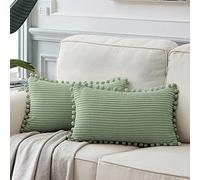 Fancy Homi Set di 2 federe decorative per cuscino lombare con pompon in morbido velluto a coste, rettangolari, per divano, camera da letto, auto, soggiorno, 30 x 50 cm, colore verde salvia
