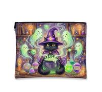 Fancy Witch Cat Pozione Tema Halloween Trucco Borsa 17,8 x 22,9 cm | Fantasioso tema magico, borsa per cosmetici, bottiglie di pozione incandescenti, fantasmi carini spettrali