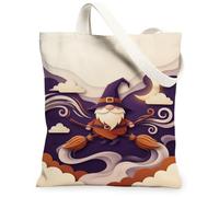 Fancy Wizard Gnome Halloween Art Canvas Tote Bag 33 x 38 cm | Fantasioso gnomo mago, stile artistico tagliato in carta, sfondo skyline notturno, volo magico con manico di scopa
