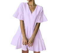 FANCYINN Abito da Donna Carino Shift con Tasche, Maniche a Campana, Orlo con Scollo a V, Allentato, Tunica, Mini Abito, Viola Luminoso, XL