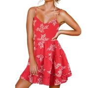 FANCYINN Abito da Donna con Scollo a V e Spalline Sottili, Senza Maniche, Senza Maniche, con Volant, per Il Tempo Libero, Stampa Floreale Bianca Rosso, M