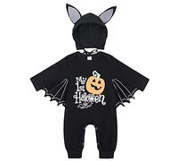 FANCYINN Maschi Neonata Costumi di Halloween Manica Lunga Pipistrello Pagliaccetto Tuta Scheletro Costume Mantello Pagliaccetto Cosplay Tute Cappello Abiti 2 Pezzi Zucca Stampata 3-6 mesi12-18 Mesi