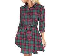 FANCYINN Top a Maniche Lunghe a Quadri Scozzesi a Quadri a Maniche Lunghe Camicia Casual con Cintura Rosso Verde Blu XS