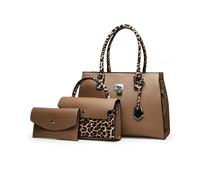 FANDARE 3 pezzi Set Elegante Borsa a Mano Donna PU Pelle Borse tracolla Spalla Leopardato Retrò Borse Tote Pochette Portafoglio Borsa Messenger per Shopping Viaggio Partito Sacchetto Borsetta Cachi