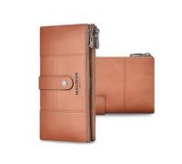 FANDARE Donna Lungo Portafoglio Portacarte bifold con Blocco RFID, Borsellino in Pelle Borsa a Clutch Bifacciali con 15 Scomparti per Carte, 2 Tasche con Cerniera Elegante Borsa da Sera Marrone chiaro