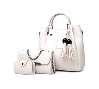 FANDARE Moda Borsa a Secchiello 3 Pezzi Set Borse a mano da donna Impermeabile Borse Tote da donna Borsa a mano con Frange PU Pelle Borsa a Tracolla con Catena per Shopping Viaggio Lavoro Bianco