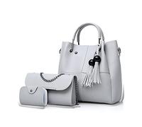 FANDARE Moda Borsa a Secchiello 3 Pezzi Set Borse a mano da donna Impermeabile Borse Tote da donna Borsa a mano con Frange PU Pelle Borsa a Tracolla con Catena per Shopping Lavoro Grigio Chiaro