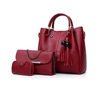 FANDARE Moda Borsa a Secchiello 3 Pezzi Set Borse a mano da donna Impermeabile Borse Tote da donna Borsa a mano con Frange PU Pelle Borsa a Tracolla con Catena per Shopping Viaggio Lavoro Rosso