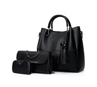 FANDARE Moda Borsa a Secchiello 3 Pezzi Set Borse a mano da donna Impermeabile Borse Tote da donna Borsa a mano con Frange PU Pelle Borsa a Tracolla con Catena per Shopping Viaggio Lavoro Nero A