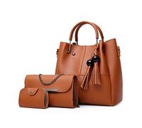 FANDARE Moda Borsa a Secchiello 3 Pezzi Set Borse a mano da donna Impermeabile Borse Tote da donna Borsa a mano con Frange PU Pelle Borsa a Tracolla con Catena per Shopping Viaggio Lavoro Marrone