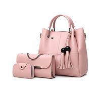 FANDARE Moda Borsa a Secchiello 3 Pezzi Set Borse a mano da donna Impermeabile Borse Tote da donna Borsa a mano con Frange PU Pelle Borsa a Tracolla con Catena per Shopping Viaggio Lavoro Rosa