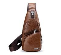 FANDARE New Sling Bag Uomini Studenti Sport Fitness con Porta di Ricarica USB Earphone Hole Borsa a Tracolla Impermeabile PU Brown L