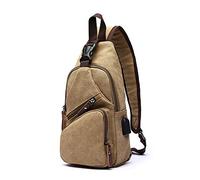 FANDARE Nuovo Monospalla Uomo Borsa di tela Zaino Monospalla Borsello da Uomo con USB Borsa a Tracolla Borsa Sportiva Sling Bag,Ciclo/viaggio/campeggio Cachi