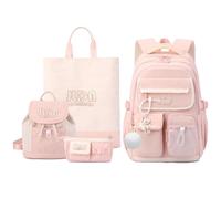 FANDARE Set 4 Pezzi Zaino Scolastico per Scuola Elementare e Media con Mini Zainetti per bambini, Portamonete, Borsa Tote per Ragazzi e Ragazze, Versatile per Università, Viaggi Rosa