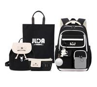FANDARE Set 4 Pezzi Zaino Scolastico per Scuola Elementare e Media con Mini Zainetti per bambini, Portamonete, Borsa Tote per Ragazzi e Ragazze, Versatile per Università, Viaggi Nero