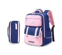 FANDARE Zaino Scuola Elementare Bambini 8-11 Anni Zaino con Inserti Rifrangenti Schienale Imbottito Traspirante 3D Spallacci Ergonomici Larghi Impermeabile in Tessuto Oxford Blu e Rosa