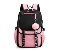 FANDARE Zaino Scuola Ragazza Zaino Casual Zainetto Bambina Cartella Elementare Media Zainetti con USB Borsa da scuola Zainetti Daypacks All'aperto Viaggio Zaino con ciondolo Hair Ball Nero Rosa