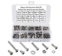 FandWay 600 Pezzi M3 Kit di Bulloni e Dadi Rondelle con Rondelle di Bloccaggio,Viti a Testa Bombata con Phillips DIN 7985, Viti a Macchina Testa Tonda Completa Filettatura in Inox 304.