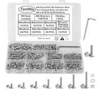 FandWay Set di bulloni e dadi Torx M4, viti a testa flangiata a bottone, viti Torx in acciaio inossidabile 304, testa a rondella da 440 pezzi e kit assortimento di rondelle piatte e di bloccaggio