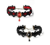 FangBoJie 2 collane gotiche in pizzo, collane in stile retrò, con ciondolo a forma di fiore gotico, accessorio per Halloween per donne (nero, rosso)