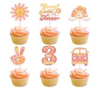 Fangleland 24 decorazioni per cupcake con motivo giovane selvaggio e tre, decorazioni per il 3° compleanno per ragazze, stile hippie anni '60 e '70, a tema compleanno, dessert, tavolo, torte,
