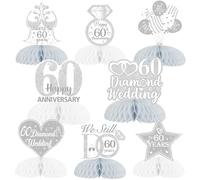 Fangleland 8Pcs Centrotavola Anniversario di Nozze con Diamanti, Centrotavola a Nido d'Ape, Topper per Tavolo, Auguri per il 60° Anniversario di Nozze, Centrotavola a Nido d'Ape per Decorazioni