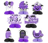 Fangleland Centrotavola a nido d'ape per Halloween, baby shower, con scritta "A Little Boo Is Almost Due", colore nero e viola, per rivelare la gravidanza, decorazione da tavolo, 8 pezzi