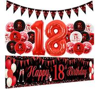 Fangleland Decorazioni per il 18° compleanno rosse e nere per ragazzi e ragazze, forniture per feste di 18° compleanno con striscione per 18° compleanno da 3 x 0,5 m palloncini in lamina a triangolo