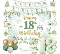 Fangleland Decorazioni per il 18° compleanno verde salvia per ragazze, Happy 18th Birthday Banner Sfondo appeso vortici torta topper corona fascia numero 18 palloncini in lamina per diciottesimo