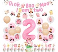 Fangleland Fattoria Rosa 2° Complementi di Festeggiamento per Ragazze - Oink Baa Moo Bin Ich Zwei Animali Tema Decorazioni da Festa con Banner e Ghirlanda