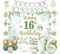 Fangleland Salvia verde 16° compleanno decorazioni per ragazze, tutto il buono per il 16° compleanno striscione sfondo appeso tortiera topper corona fascia palloncini per dolci sixteen bday party
