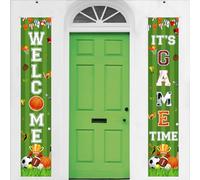 Fangleland Striscione per porta sportiva, decorazioni per feste, forniture per feste a tema sportivo con scritta "Welcome and It's Game Time", cartello da appendere alla parete con calcio, basket,