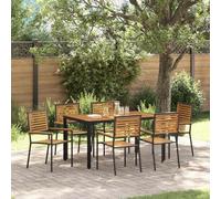 Fangmaliuyun Gruppo da giardino, 7 pezzi, in rattan sintetico, nero-marrone, 150 x 90 x 75 cm, moderno dettaglio in legno di acacia, struttura in acciaio, stabile per terrazza, balcone, campeggio