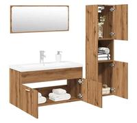 Fangmaliuyun Set di 4 pezzi da bagno in rovere Artisan con lavandino, armadietto a specchio e pensile 90 x 38,5 x 46 cm, in legno massiccio, design moderno per bagni piccoli e medi